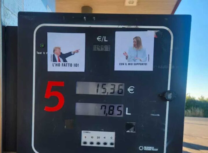 Adesivi di Meloni e Trump sulle pompe di benzina