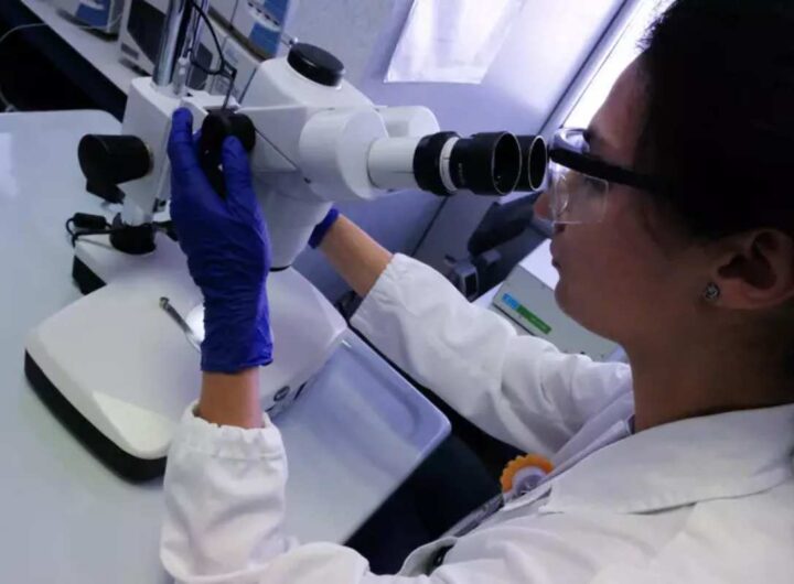 Una donna guarda al microscopio