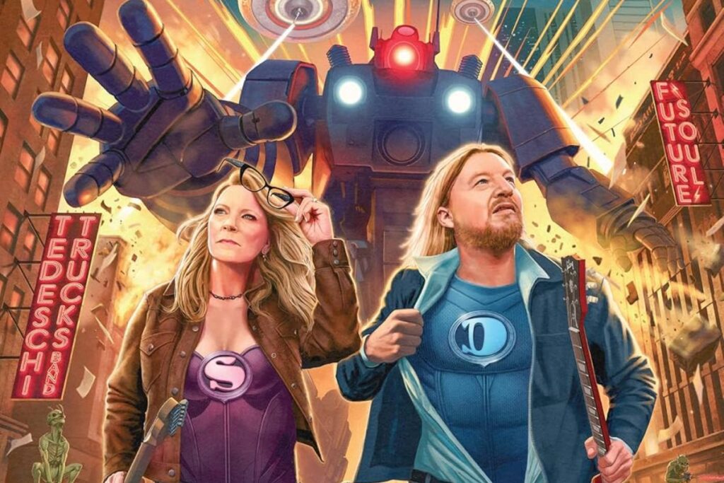 La copertina di Future Soul, con un disegno in cui i due leader della band sono in un ambiente futurista con dischi volanti e un enorme robot che li insegue