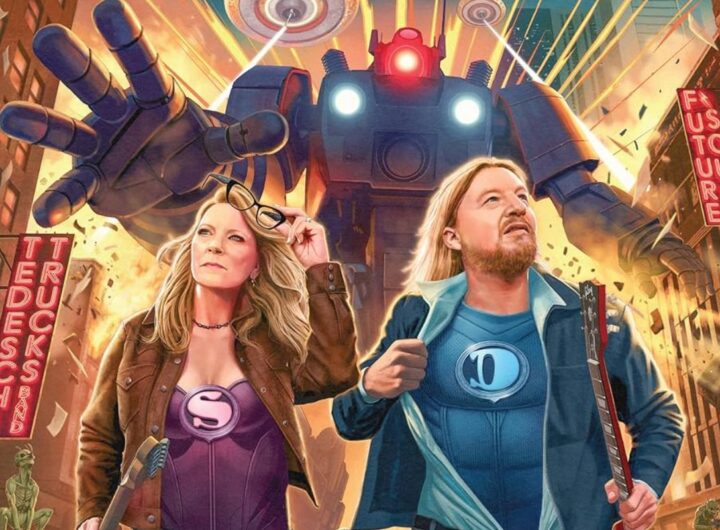 La copertina di Future Soul, con un disegno in cui i due leader della band sono in un ambiente futurista con dischi volanti e un enorme robot che li insegue