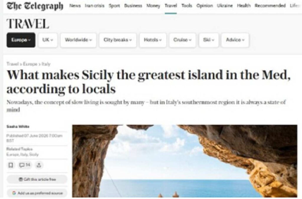 L'articolo dedicato alla Sicilia su Telegraph
