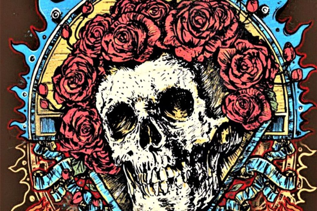 L'iconico teschio circondato di rose, ripreso da un partciolare di un poster per la pubblicità di un concerto dei Grateful Dead