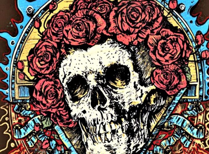 L'iconico teschio circondato di rose, ripreso da un partciolare di un poster per la pubblicità di un concerto dei Grateful Dead