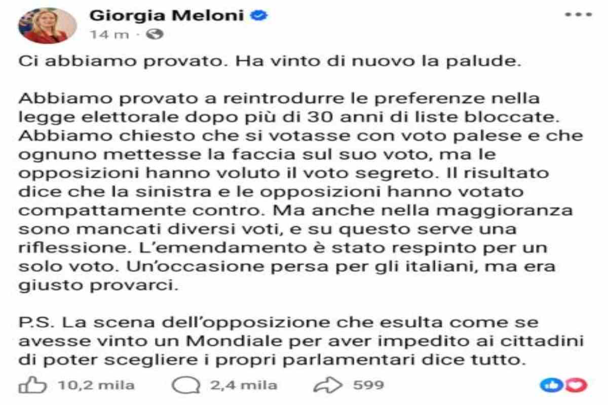 Il post della Meloni: "Ha vinto di nuovo la palude"