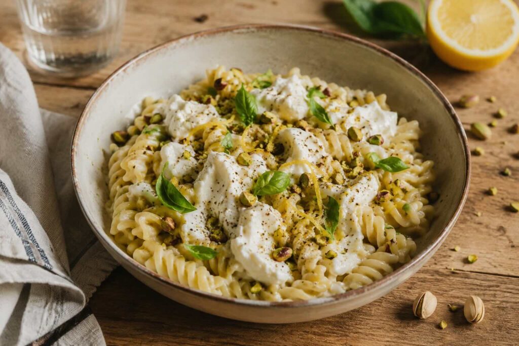 Pasta burrata, pistacchi e limone