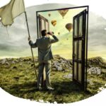 Disegno della copertina di L.I.F.T. della Neal Morse Band, con un uomo di spalle che porta una bandiera, davanti a una porta aperta su un mondo in cui volano mongolfiere