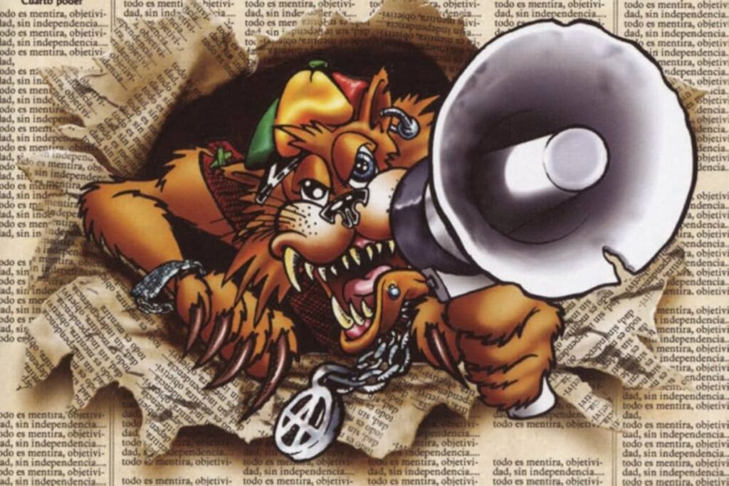 Particolare del disegno dell'immagine di copertina di Que corra la voz!!, con un gatto stilizzato che sfonda la pagina di un giornale urlando dentro un megafono