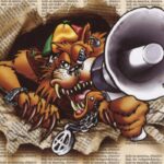 Particolare del disegno dell'immagine di copertina di Que corra la voz!!, con un gatto stilizzato che sfonda la pagina di un giornale urlando dentro un megafono
