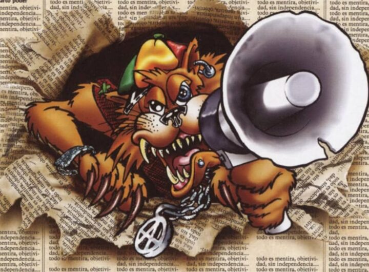 Particolare del disegno dell'immagine di copertina di Que corra la voz!!, con un gatto stilizzato che sfonda la pagina di un giornale urlando dentro un megafono