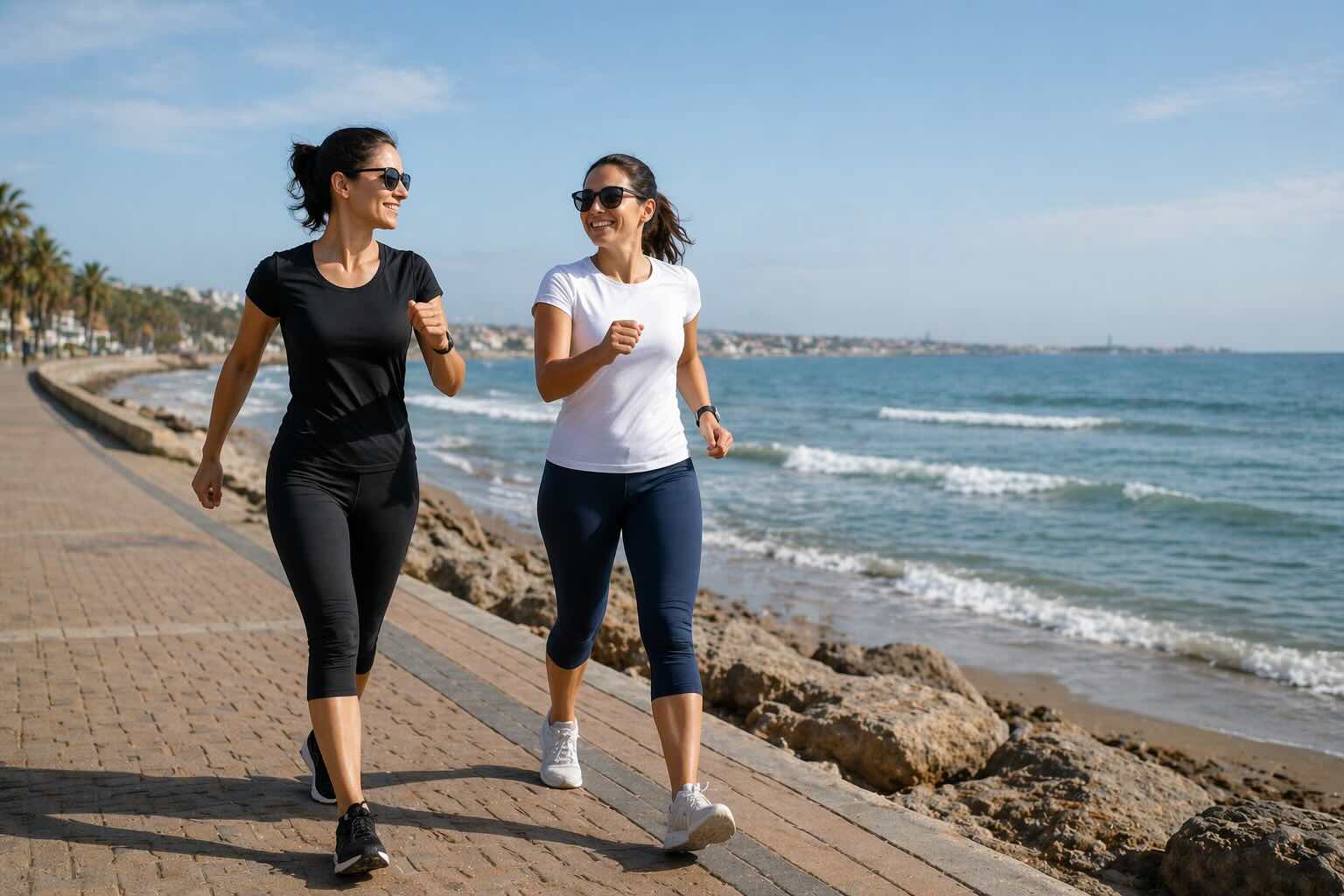 due amiche camminano in riva al mare