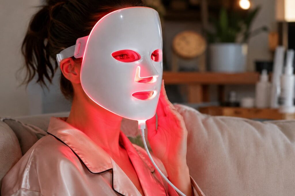 una donna fa skincare con una maschera led