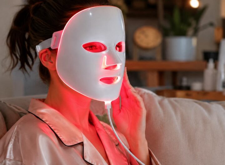 una donna fa skincare con una maschera led