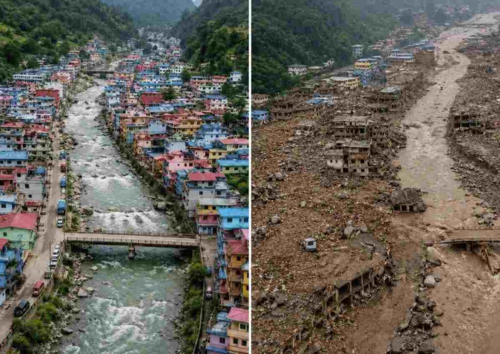 Un fiume di fango ha attraversato il fiume Bhote Koshi nel distretto di Rasuwa in Nepal ed ha distrutto tutto. Un'immagine Facebook mostra il prima e il dopo