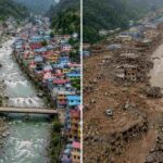 Un fiume di fango ha attraversato il fiume Bhote Koshi nel distretto di Rasuwa in Nepal ed ha distrutto tutto. Un'immagine Facebook mostra il prima e il dopo