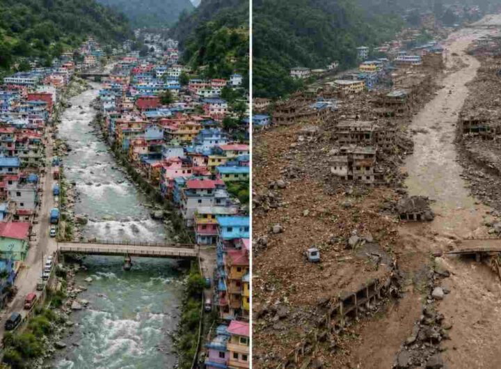 Un fiume di fango ha attraversato il fiume Bhote Koshi nel distretto di Rasuwa in Nepal ed ha distrutto tutto. Un'immagine Facebook mostra il prima e il dopo
