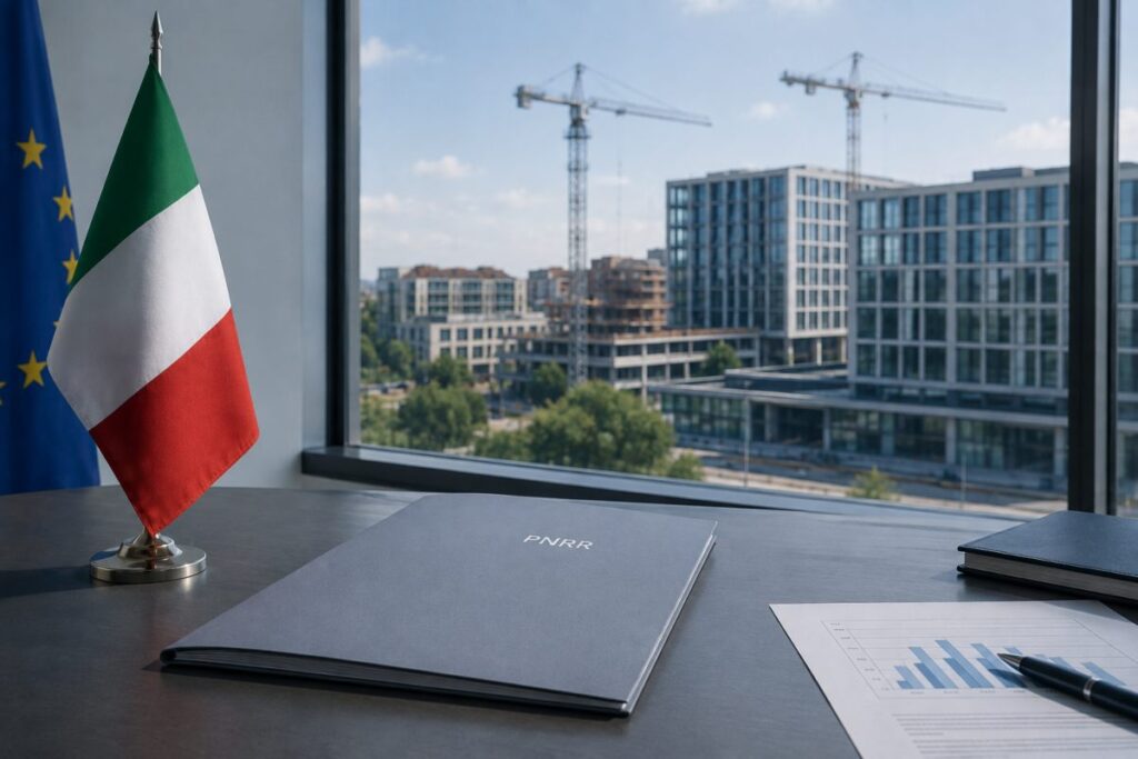 Cartella con la scritta PNRR su una scrivania, accanto alle bandiere italiana ed europea, con edifici e cantieri sullo sfondo.