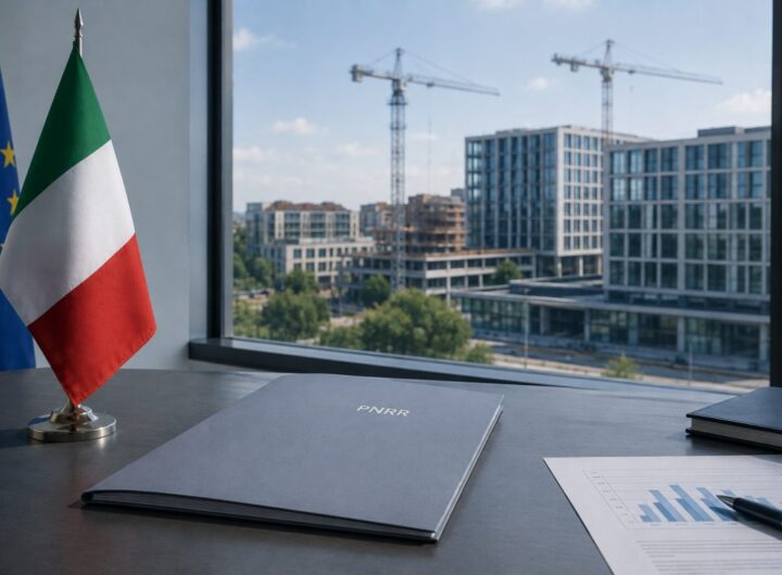 Cartella con la scritta PNRR su una scrivania, accanto alle bandiere italiana ed europea, con edifici e cantieri sullo sfondo.