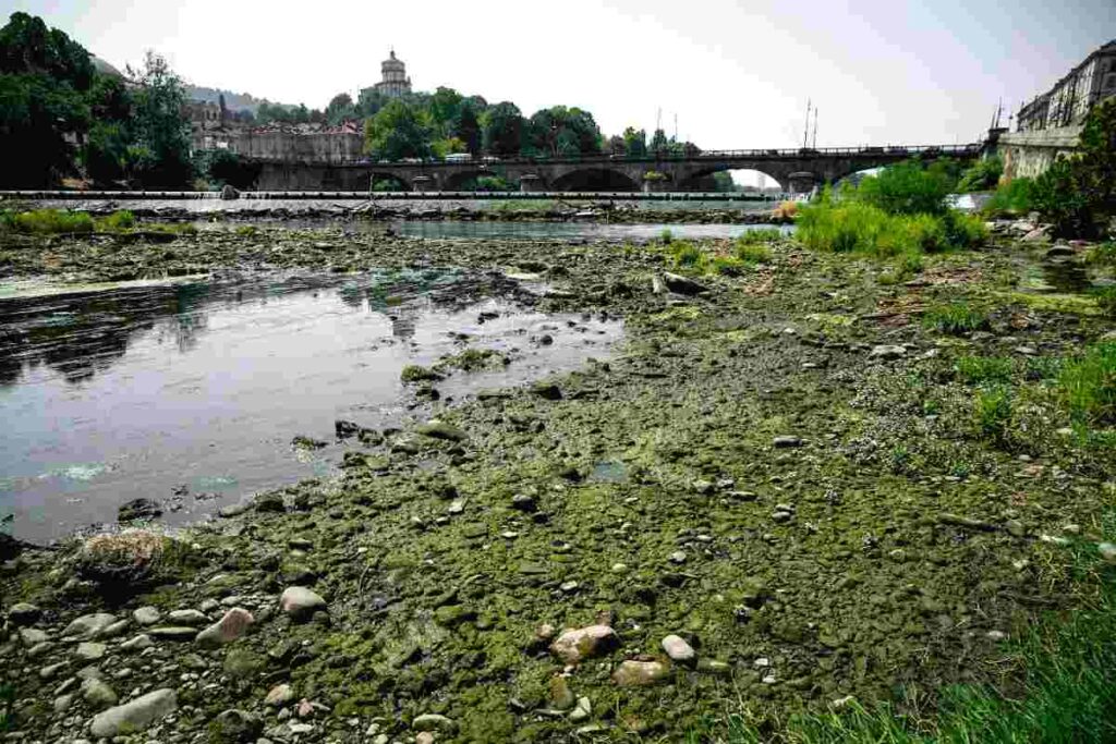 Il fiume Po in secca, all'altezza del ponte Vittorio, dove si sono formate degli isolotti per la drastica diminuzione della portata dovuta alla prolungata siccità