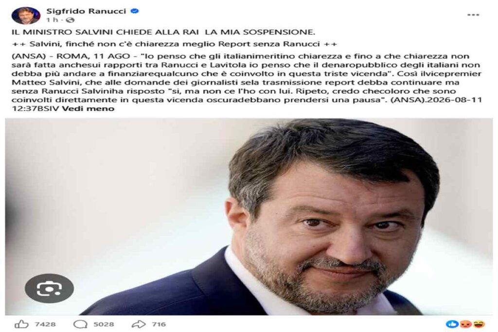 Il post Facebook di Ranucci su Salvini