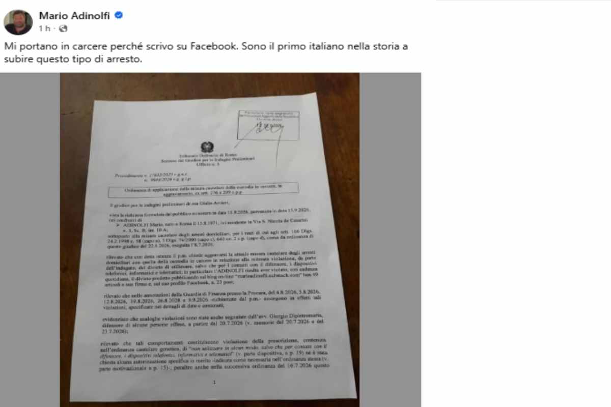 La foto dell'ordinanza che ha mandato nuovamente in carcere Mario Adinolfi