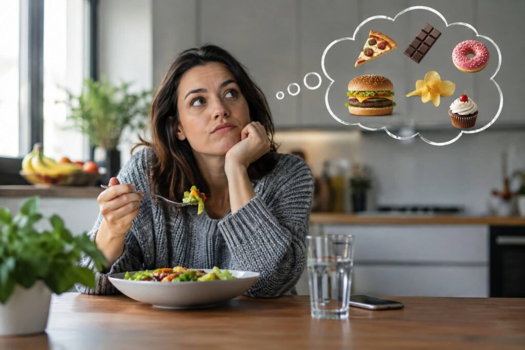 una donna pensa al cibo mentre sta mangiando