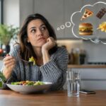una donna pensa al cibo mentre sta mangiando