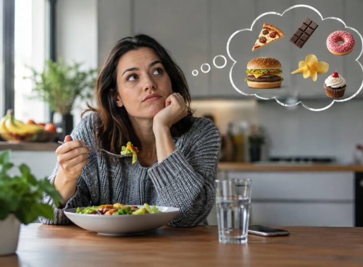 una donna pensa al cibo mentre sta mangiando