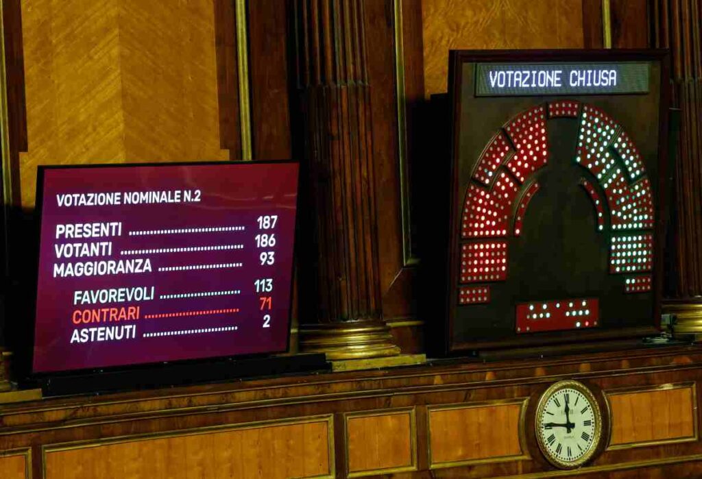Tabellone elettronico del Senato con il risultato votazione finale del disegno di legge sulla Riforma elettorale