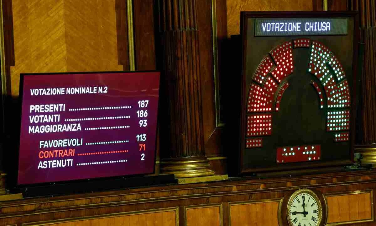 Tabellone elettronico del Senato con il risultato votazione finale del disegno di legge sulla Riforma elettorale
