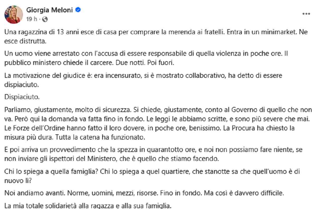 Il post di Giorgia Meloni su Facebook sulla vicenda della 13enne di Torino
