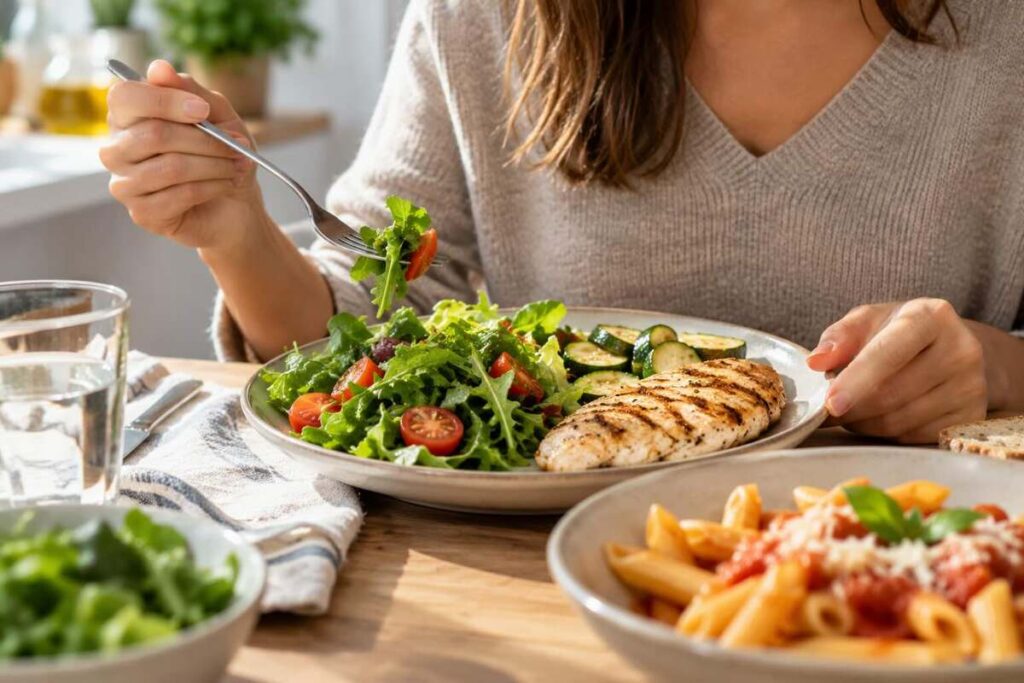 Insalata e pollo alla griglia a tavola