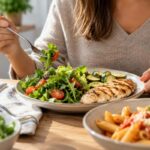 Insalata e pollo alla griglia a tavola