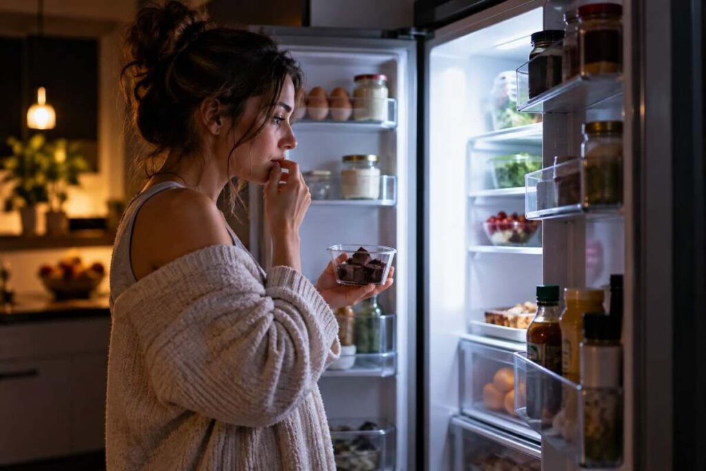 Spuntino di mezzanotte davanti al frigo