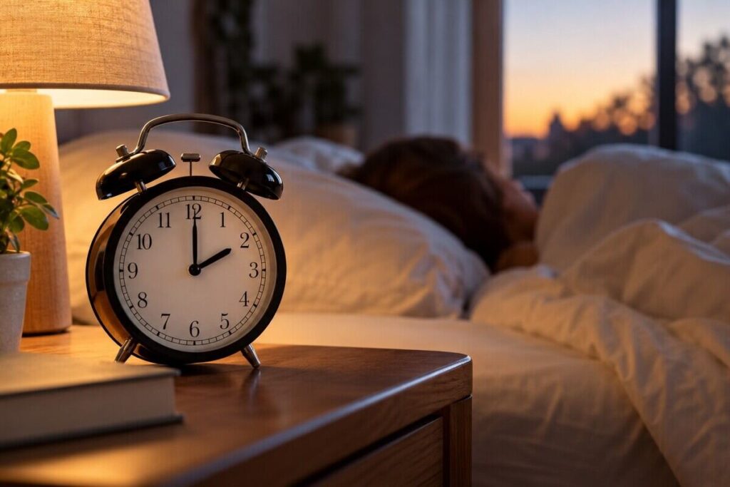 sveglia vintage su un comodino e davanti a un letto