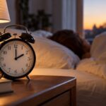 sveglia vintage su un comodino e davanti a un letto