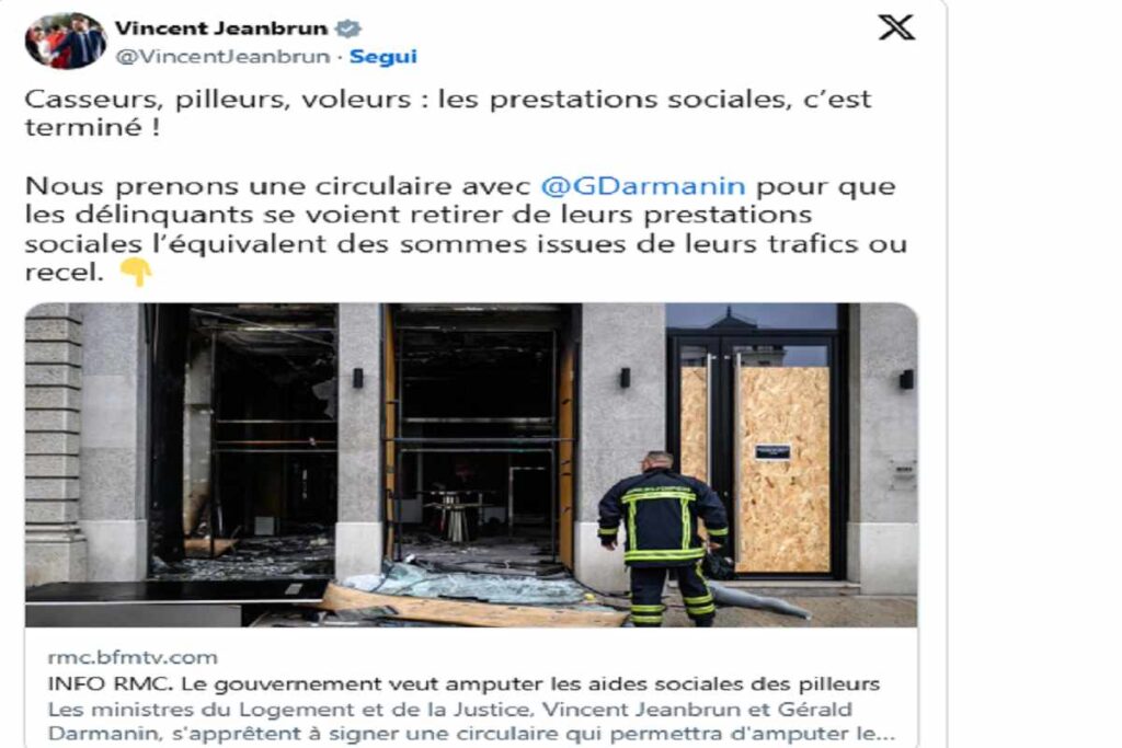 Il post su X del ministro dell'Edilizia Vincent Jeanbrun