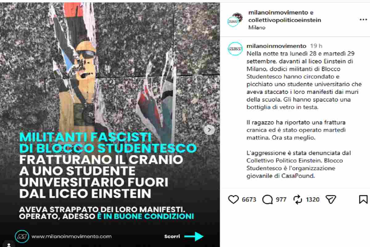 Il post su Instagram del collettivo della scuola