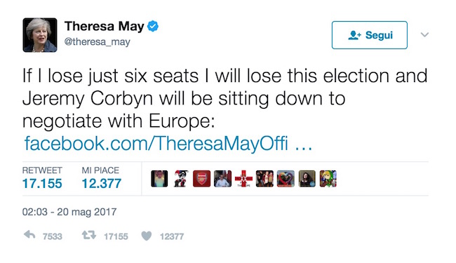 Theresa May su Twitter: "Se perdo 6 seggi lascio". Ma adesso ci ripensa...