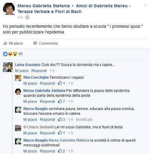 Gabriella Stefania Mereu, delirio Fb: "Fanno leggere Promessi Sposi per aumentare paura epidemie"