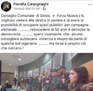 Il post di Fiorella Carpignaghi: "Spero vi stupri un nigeriano"
