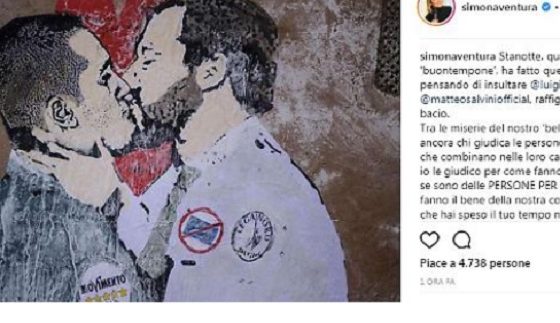 Simona Ventura e la gaffe sul murales del bacio Salvini-Di Maio
