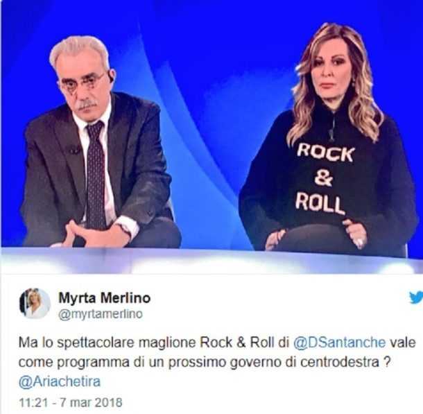 Daniela Santanchè col maglione "rock'n'roll". Myrta Merlino: "Vale come programma di governo?" 