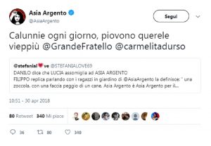 Grande Fratello, Asia Argento annuncia querela contro Filippo Contri