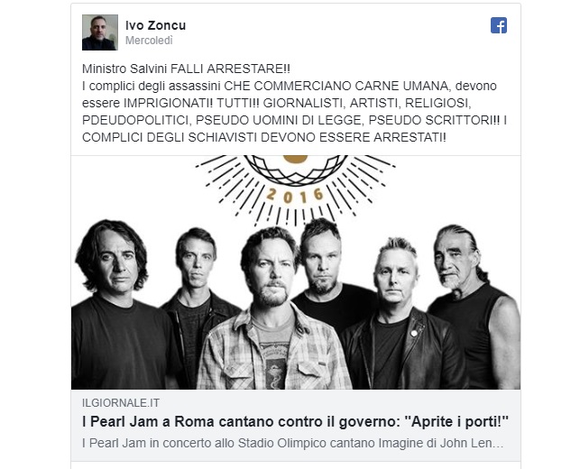 Ivo Zoncu (Fratelli d'Italia): "Salvini deve arrestare i Pearl Jam"
