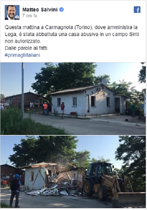 Carmagnola (Torino): sindaca leghista abbatte con le ruspe baracca di sinti
