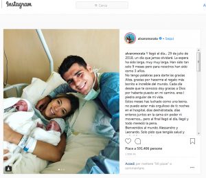 Alvaro Morata diventa papà di due gemelli. L’annuncio social: "Alice Campello, sei una leonessa"