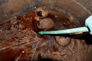 Egitto, aperto il misterioso sarcofago nero: dentro tre scheletri e un liquame rosso (foto Ansa)