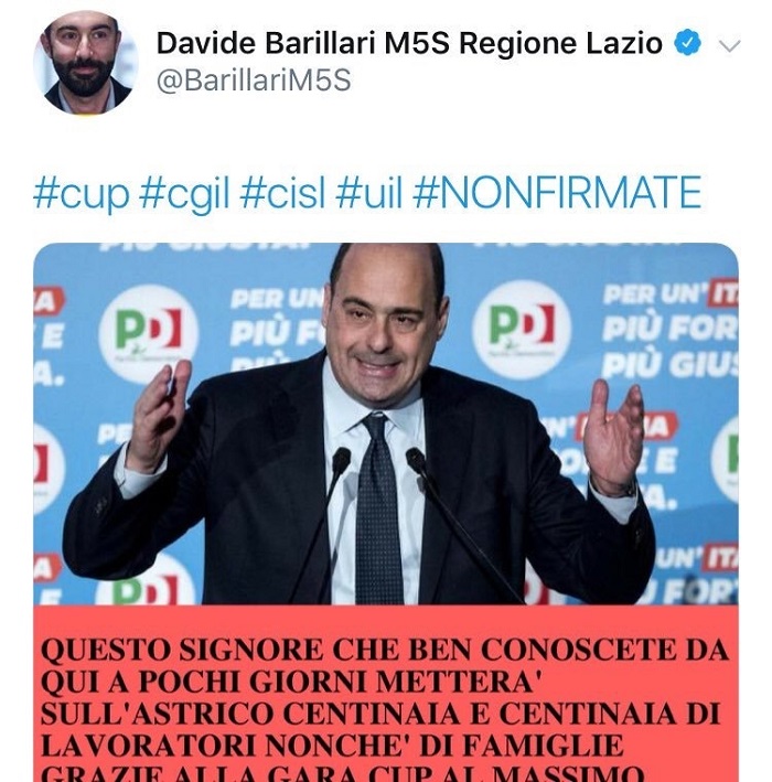 "Zingaretti metterà i lavoratori sull'astrico". Tweet gaffe di Barillari (M5S)