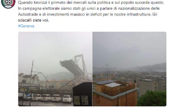 Genova, CasaPound su Twitter: "Colpa dei mercati". Sui social: "Siete degli sciacalli"