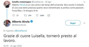 Alberto Airola (M5s): "Torno presto". E su Twitter di Luisella Costamagna...